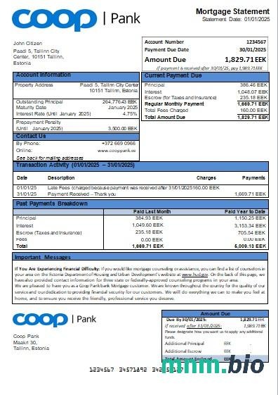 Estonia Bank Coop Pank wyciąg z kredytu hipotecznego szablon Word i PDF